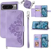 [Dswteny] Wallet Case for Google Pixel 8 Pro 5G with Wrist Strap Crossbody Shoulder Strap, Embossed Leather Flip Credit Slim Stand Cell Phone Cover for Pixel8Pro Pixel8 XL Eight 8Pro Women Girls Purple
