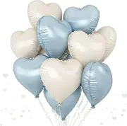 Blue White Heart Balloons, 18 Inch Baby Blue Cream Foil Heart Balloon Helium, 10Pcs Large Beige Heart Shape Mylar Balloons for Boho Theme Birthday Baby Shower Wedding Valentine Graduation Party Decor