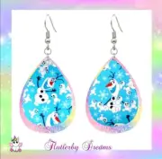 OLAF Faux Leather Glitter Silver Teardrop Earrings Frozen Anna Elsa Disney Baby