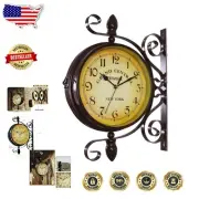Vintage Double-Sided Wall Clock, Silent Iron Metal, 360° Rotate 13.75" H