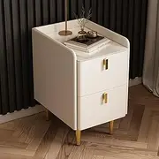 Narrow Nightstand Slate Table Top with 2 Drawer, Bed End Table Wooden, PU Leather Finish Bedside Table for Bedroom/Living Room/Sofa Side Table(White,9.8"/25cm)