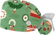 [CWAGFEQZ] 2-Pc Nurse Scrub Caps,Scrub Hats with Buttons and Cotton Sweatband,Christmas Green Tree