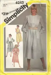 SIMPLICITY 6243 MISSES' SIZE 10 PULLOVER FLANGED DRESSES SEWING PATTERN VINTAGE