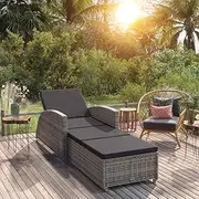 Outdoor Patio Sun Lounger Recliner Dark Grey Cushion, Curve Armrests, Adjustable Reclining Backrest for Lawn, Garden, Pool, Beach, Camping & Chair | Foldable