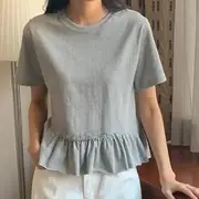 Short Sleeve Plain Ruffled Hem Top Gray - One Size