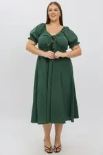 Green Midi Dress Short Sleeve Tie Front