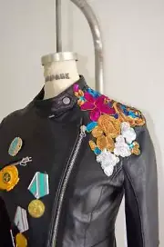 1990S Reworked Leather Moto Bike Jacket Blazer Multicolor Sequined Floral Milita