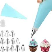 Piping Bags and Stainless Steel Flower Piping Icing Nozzles Set of 14-1 EVA Reusable Icing Piping Cream Pastry Bag and 12 Piping Nozzles for DIY Cake Decorating, Pastries & Cupcakes(Blue)