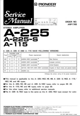 Pioneer A-225 Stereo Amplifier Service Manual Copy on 4G USB Stick