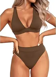 [Yonique] Thong Bikini Set High Waisted Two Piece Swimsuit High Cut Bikini V Neck Bathing Suit