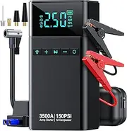 Portable Car Jump Starter with Air Compressor, 3500A 150PSI Car Battery Jump Starter Battery Pack (All Gas/10L Diesel), 12V Car Jump Box Car Battery Jumper Starter, Large LCD Display, 2 Lights