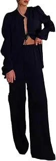 [Generic] Women's Round Neck Thin Loose Women's Two-Piece Set Solid Color Fluffy Sleeve Lace Up Shirt with High Waist Wide Leg Pants Set