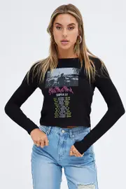 Black Top Long Sleeve Crew Neck Semi-Crop Tour Graphic - Size XS, Women's Graphic Tee