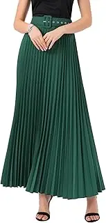 [Allegra K] Long Pleated Skirt for Women's Elastic High Waist with Belt Swing A-line Work Maxi Skirt
