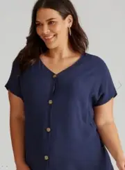 Autograph Top Plus Size 26 Shirt Blouse Button Up Short Sleeve Navy Viscose NEW