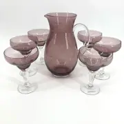 Poland Amethyst Purple Blown Glass Pitcher 6 Margarita Glasses Handmade Barware