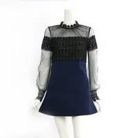 在飛比找momo購物網優惠-【SELF-PORTRAIT】長袖雪紡立領藍裙短洋裝(黑色)