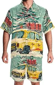 [KQNZT] Men's Hawaiian Short Set, Mens Short Sets 2 Piece Outfits, Mens Vacation Outfits, Christmas Cartoon Truck Tree Lovely, Mens Matching Shirt and Shorts Set