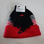 Nike Striped Beanie Gloves Boy's 2 Piece Set Black White Red