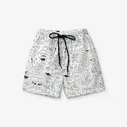 [Zursuny] Boys Shorts Scrawl Cotton French with Drawstring and Pockets, Print Drawstring High Waisted Shorts, Sports & Casual