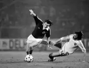 John Robertson of Scotland tackled by Rene Verheyen of Belgium dur- Old Photo
