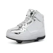 Nevenka Kids Light Up Roller Skate Shoes High Top Sneakers Double Wheels-Silver