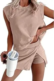 [Ecosunny] Women's Summer 2 Piece Sets Sweatsuits Casual Crewneck Sleeveless Matching Sets Trendy Skirt Shorts Lounge Outfits