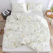 [Lurson] White Botanical Floral Duvet Cover Set Full Queen Size 100 Organic Cotton Boho Floral Bedding Set Yellow Green Flower Printed Reversible Comforter Quilt Cover Zipper Closure 3 Pieces (HH,Q)