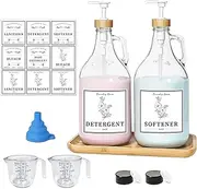Glass Laundry Detergent Dispenser, Liquid Laundry Soap Dispenser for Laundry Room, 64oz Detergent Bleach Softener Dispenser for Farmhouse Decor, Includes Bamboo Pumps and Tray, Funnel, Labels
