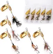 Dr.Fish 5 Pack Trout Spinners Lures, Fishing Fly Spinner Brass Hard Metal Spinnerbait Freshwater Hand-Tied Rooster Tail Fishing Lures Kit for Bass Pike Salmon with Tackle Box
