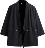 [Haseil] Men's Kimono Cardigan Japanese Jackets Casual Cotton 3/4 Sleeve Shirt Open Front Coat Lightweight Linen Yukata
