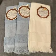 3 Charles Craft Cross Stitch Border Bath Fingertip Towels 2 Blue 1 White Cotton
