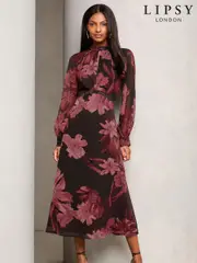 Lipsy Purple Leopard Print Long Sleeve Woven Underbust Midi Dress (AN9305) | $125