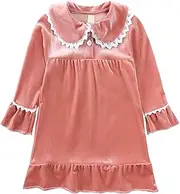 [KEOYA] Long Sleeve Dress for Girls Velvet Crew Neck Midi Fall Vintage Plain Dress for Kids Winter Outfits Casual A-line Dress