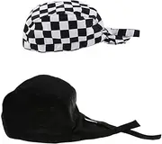 [koolsoo] Unisex Kitchen Cooking Catering Headwrap, 2PCS Black + Black White Plaid, as described