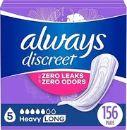 Always Discreet Incontinence Pads for Women and Postpartum Pads, Heavy Long, 156 CT, up to 100% Bladder Leak Protection
