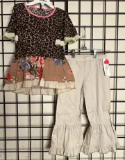 NEW NWT 2PC Brown/Tan Cheetah 2 Piece Vintage SET-Red Ruffles PLUSH 5/6Y