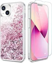 Caka Compatible for iPhone 13 Case, iPhone 14 Case with Screen Protector for Women Bling Sparkle Luxury Flowing Floating Clear Case Cover for iPhone 14 13 (6.1 inches) (Rose Gold)
