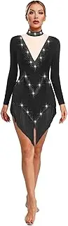 [TiaoBug] Women's Rhinestones Latin Dance Dress Long Sleeve Fringe Rumba Samba Tango Lesson Practice Competition Costume