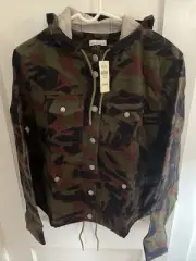 LL Bean Signature Utility Camo Hoodie Snap Front Cropped Jacket Womens Large NWT