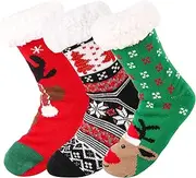 [JOFONY] Christmas Cuddly Socks, 3 Pairs Thick Hut Socks for Women, Warm House Socks with Non-Slip Adhesive Dots, Stopper Socks, Christmas Socks (Size 38-42), red, X-Large-XX-Large