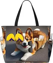 [Ghjkfbf] Funny Corgi Butt Brown Print Large Capacity Beach Travel Bag For Family, Beach Tote Bag For Women With Zipper Pockets, Black, One Size