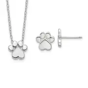 Sterling Silver RH-plated Paw Print w/2 in ext. Post Earring Necklace Set - 16"