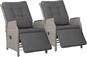 Gardeon Recliner Chairs 2 Piece Wicker Sun Lounger Reclining, Outdoor Lounge Setting Patio Furniture Backyard Garden Indoor Armchair Sofa, with Cushions Ottoman Adjustable Backrest and Footrest Grey