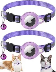 2Pack Airtag Cat Collar with Breakaway Bell, Cat Collar Accessory with Safety Buckle for Apple Air Tag, Reflective Airtag Cat Collar Waterproof Airtag Holder Quick Release for Kitten Puppy (Purple)
