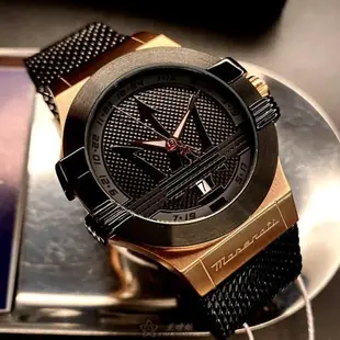 MASERATI手錶, 男女通用錶 42mm 玫瑰金六角形精鋼錶殼 黑色中三針顯示, 大三叉錶面款 R8853108010