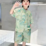 Kids Boys Outfit Top Shorts Casual Tang Suit Short Sleeve Frog Button Printed