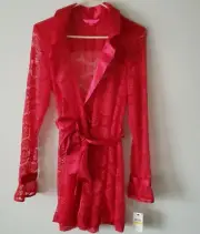 Betsey Johnson Womans Red Lace Satin Bow Wrap Robe Jacket NWT Medium