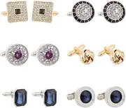 [gofidin] 6pair Cufflinks for Mens Novelty Luxury Shirt Cuff Links Blue White Crown Crystal Gold Silver Crystal Cufflinks Elegant Style Knot Super Shinny Gift, Medium
