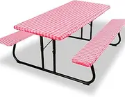 Fitted Picnic Table Cover with Bench Covers, 3 Pieces Waterproof Camping Picnic Tablecloth Cover with Elastic Edge for Indoor/Outdoor/Patio, 6ft Rectangular Vinyl Picnic Table Cover, Red and White